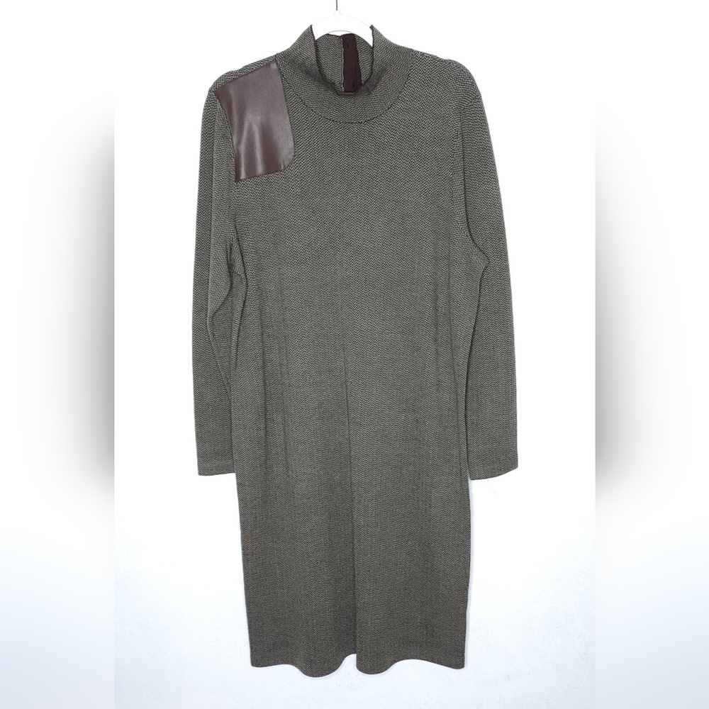 Lauren Ralph Lauren Faux Leather Patch Sweater Dress Wool Herringbone Size 2X - Picture 4 of 10